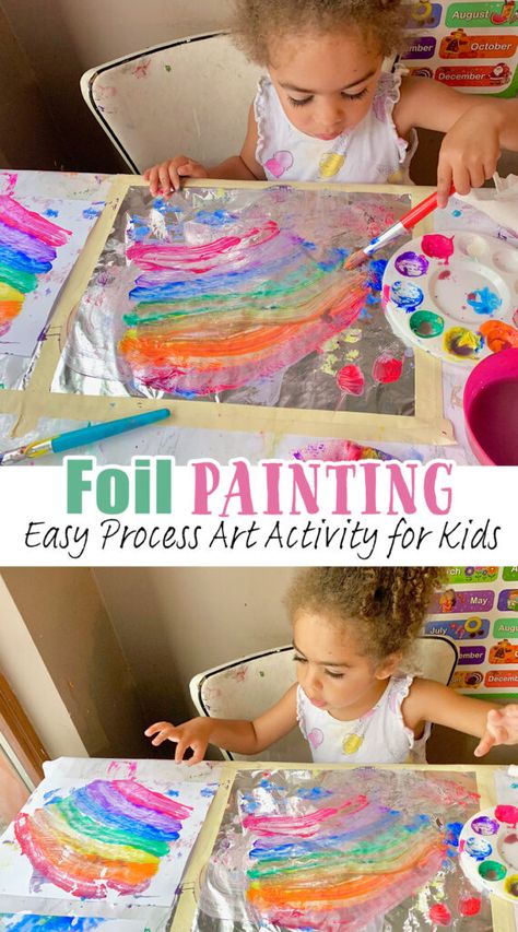 Foil Painting – Easy Process Art Activity for Kids - Happy Toddler Playtime Tinfoil Painting Kids, Quick Toddler Crafts, Painting With Toddlers Ideas, Process Art For Kindergarten, Pre K Process Art, Art For 3 Yrs Old, Foil Painting For Kids Craft Ideas, Kids Process Art, Messy Activities For Preschool