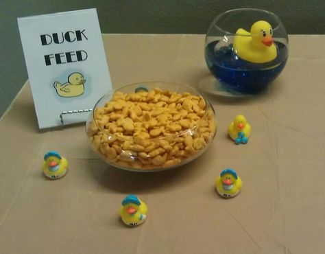 Goldfish snack for a Duck baby shower. Party decorations for a boy baby shower. Blue rubber ducks. Dit Duck Baby Shower Theme, Decorated Ornaments, Goldfish Snack, Boy Shower Themes, Ducky Duck, Ducky Baby Showers, Baby Shower Snacks, Baby Boy Decorations, Rubber Ducky Baby Shower