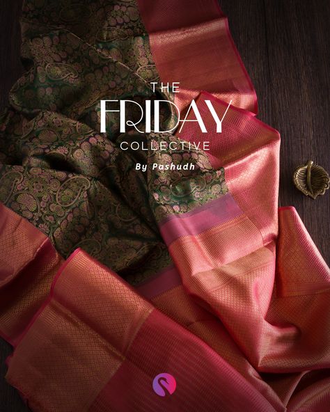 The beauty of the Kanjivaram saree lies in its every detail - the intricacy of its embellishment, the richness of its colour, and the lush fall of its silken drape. 'The Friday Collective' is an exclusive range of elegant sarees that have been added to our website as part of the Friday edit. Saree Codes: D366, DJ115, DJ119, DJ122 #pashudh #pashudhsarees #lovepashudh #kanjivaramsarees #kanchilove #kanjivaram #kanchipuram #friday #thefridaycollective Elegant Sarees, Kanjivaram Sarees Silk, Indian Sari Dress, Ads Creative Advertising Ideas, Kanjivaram Saree, Fabric Photography, Silk Kurti, Beautiful Sarees, Sari Dress