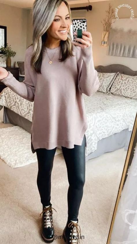 Faux Leather Leggings Outfit! Cozy Sweater Outfits. Faux Leather Leggings Sweater, Legging Friendly Sweaters, Long Sweater Outfits Leggings, Leggings With Cardigan Outfit, Casual Faux Leather Leggings Outfit, Sweater With Leggings Outfit, Sweater And Leggings Outfit, Comfy Legging Outfits, Leggings Outfit Dressy