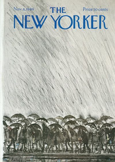 Ronald Searle : Cover art for The New Yorker 2334 - 8 November 1969 New Yorker November, Magazines Cover, Clouds And Rain, Ronald Searle, The New Yorker Magazine, New Yorker Magazine, New Yorker Covers, Naive Illustration, Under My Umbrella