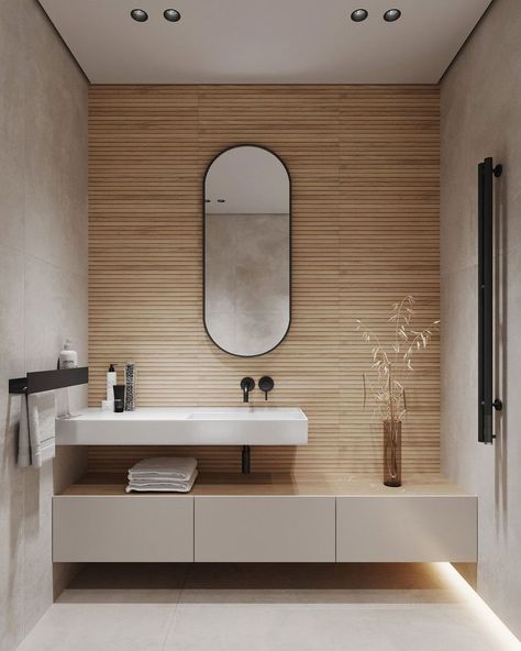 Nature Wall Bathroom, Wooden White Bathroom, White Light Wood Living Room, Bath Wood Panel, White With Wood Bathroom, Natural Wood And White Bathroom, Bathroom Ideas Wood Wall, Wood Panel Toilet, White Bathroom Wood Accents