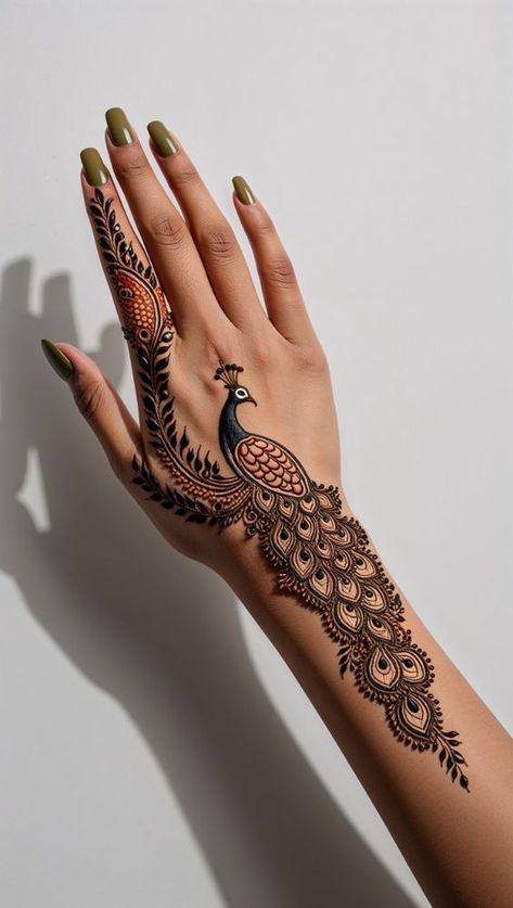 This stunning peacock-inspired mehndi design elegantly flows across the back of the hand, embodying beauty, grace, and cultural symbolism. The intricate detailing of the feathers and the playful contrasts of henna shades create a mesmerising visual effect. Perfect for festive celebrations or weddings, this design combines traditional artistry with a modern, minimalist touch. The bold use of negative space ensures the peacock’s elegance remains the focal point, making it a showstopper on any occasion. Back Design For Mehndi, Hena Design Hand 2024, Modern Back Hand Mehndi Designs, Minimal Peacock Feather Tattoo, Cute Back Hand Mehndi Designs, Simple Right Hand Mehndi Designs, Back Of Hand Henna Designs, Henna Designs With Initials, Big Flower Mehndi Design