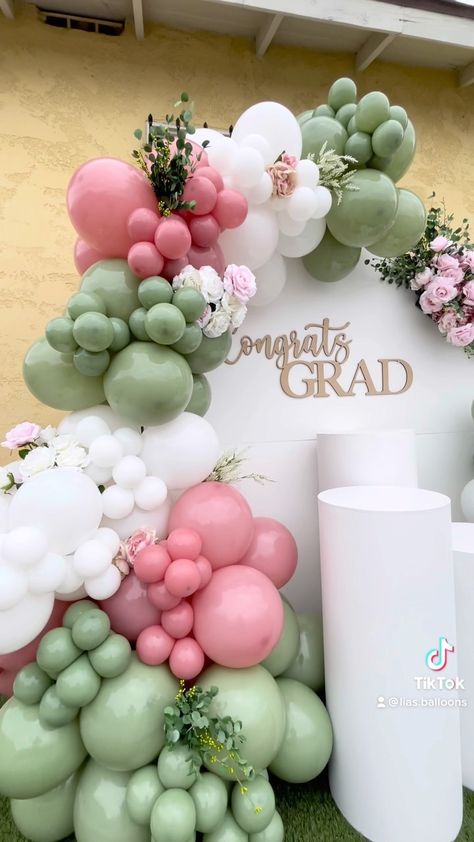 Graduation Party Ideas Sage Green, College Graduation Party Ideas Decoration Color Schemes, Graduation Party Ideas Balloons, Pink And Green Grad Party, Balloon Graduation Decorations, Mother’s Day Balloon Garland, Pink And Green Graduation Party, Graduation Color Schemes, Grad Balloon Arch