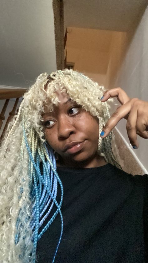 Blue And Blonde Box Braids, Blue Box Braids, Blonde Box Braids, French Curl, White Blonde Hair, Blonde Braids, Jumbo Braids, Goddess Hairstyles, White Blonde