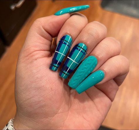 Blue Fall Nails Designs, Bedazzle Nails, 80s Nail Designs, Tartan Nails, Ballerina Acrylic Nails, Gold Acrylic Nails, Classic Nail, Teal Nails, Nail Looks