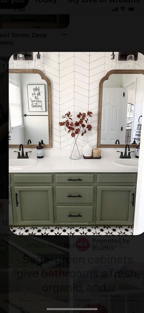 Rustic Bathrooms Ideas Farmhouse, Spare Bathroom Ideas, Green Cabinets Bathroom, Olive Green Bathrooms, Dark Green Bathrooms, Green Bathroom Vanity, Guest Bathroom Renovation, Spare Bathroom, Green Vanity