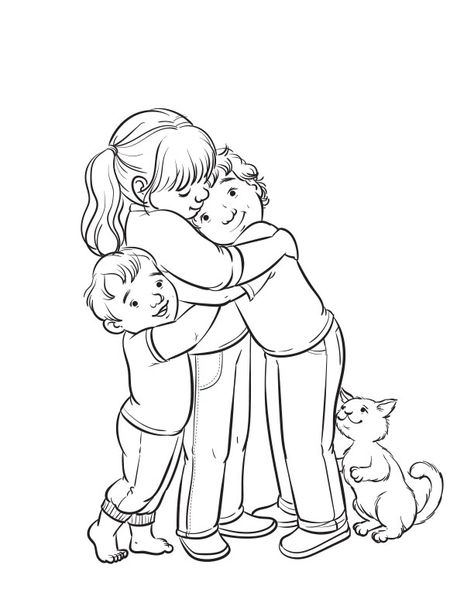 Hugging siblings coloring page for The Friend Magazine, illustration by Apryl Stott Hugging Drawing, Lds Coloring Pages, Kids Hugging, Preschool Coloring Pages, Quote Coloring Pages, New Sibling, Bible Coloring Pages, Bible Coloring, Free Printable Coloring