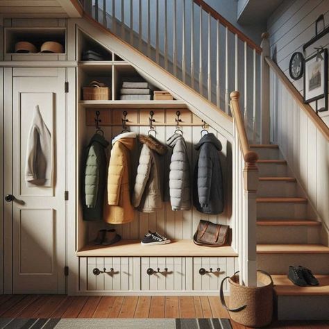 27 Ingenious Under Stairs Storage Ideas » HomeDecorFull Ideas For Small Stair Landings, Stairs Under Stairs, Understairs Storage Coats And Shoes, Under Stair Storage Diy, Under Stair Entryway Ideas, Under Stair Mudroom Ideas, Underneath Stairs Storage Ideas, Entryway Stairs Ideas, Under Stairs Coat Rack