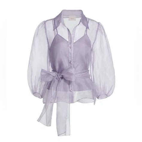 Nwot Cinq A Sept Marion Tie Waist Organza Silk Blouse Size: Xs Fabric: 100% Silk Color: Lilac Smoke Photos Do Not Do This Blouse Any Justice, Truly Much More Gorgeous In Person!! A Glamorous Sheer Design Cinched At The Waist With A Self-Tie Belt, This Blouse Is Fit For Any Occasion. Details: Spread Collar Three-Quarter Puff Sleeves Button Front Self-Tie Belt At Waist Silk Lining: Polyester Dry Clean Imported Size & Fit About 25" From Shoulder To Hem Model Measurements: 5'10" Tall Model Is Wearin Organza Tops, Organza Styles, Cruise Attire, Bride Lingerie, Organza Shirt, Organza Blouse, Organza Top, Cinq A Sept, Girls Day