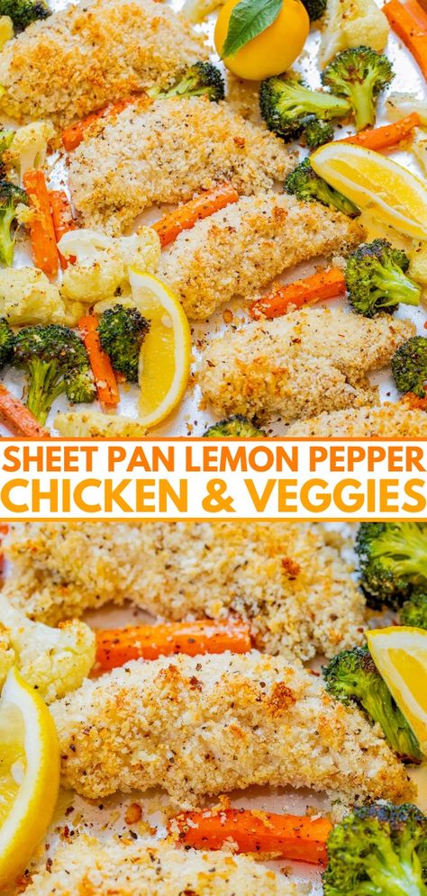 Sheet Pan Lemon Pepper Chicken and Vegetables - 🍗🍋🥦🥕 An EASY 30-minute sheet pan meal that's healthy and full of zesty lemon pepper flavor in every bite! The chicken is juicy on the inside and crispy on the outside without having to fry it! You can customize the veggie choices based on your favorites!'s healthy and full of zesty lemon pepper flavor in every bite! The chicken is juicy on the inside and crispy on the outside without having to fry it! You can customize the veggie choices based Chicken Oven Recipes With Veggies, Honey Mustard Chicken And Veggies, Chicken Legs Sheet Pan Dinner, Sheet Pan Roasted Chicken And Vegetables, Sheet Pan Chicken And Potatoes, Lemon Pepper Chicken Pasta, Sheet Pan Chicken And Veggies, Healthy Sheet Pan Dinners, Baked Chicken And Veggies