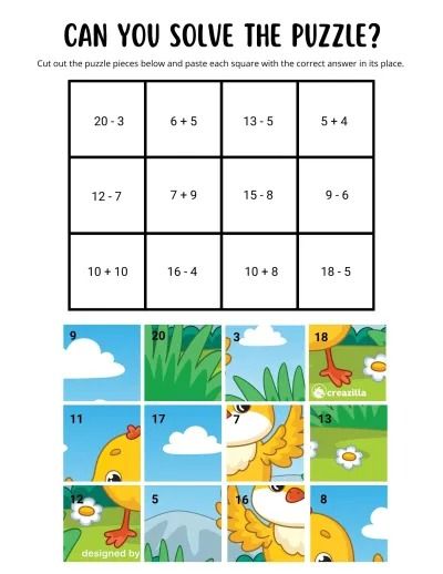 If you are looking for activities to help your child practice addition and subtraction up to 20, you have come to the right place. Addition Activities For Grade 2, Addition And Subtraction Puzzle, Math Puzzles For Kids, Addition With Pictures, Addition And Subtraction To 20, Addition To 20, Kindergarten Math Worksheets Free, Puzzle Pictures, Math Pictures