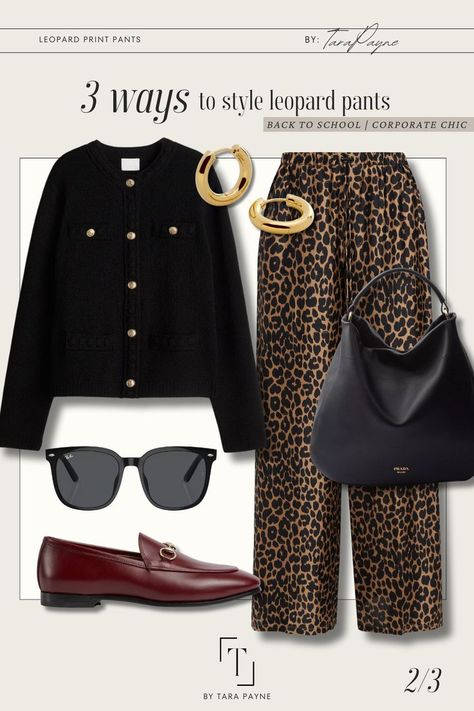 Leopard Print Outfits | Outfit Ideas Leopard Print Work Outfit, Leopard Denim Outfit, Leopard Fall Outfit, How To Style Leopard Pants, Leopard Pants Outfit 2024, Leopard Flare Pants Outfit, Leopard Blouse Outfit, Silk Trousers Outfit, Animal Print Skirt Outfit