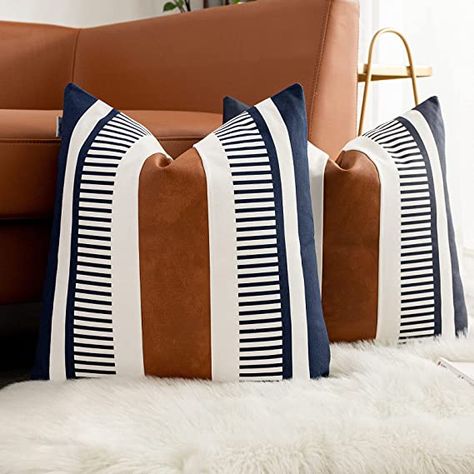 Amazon.com: Vfuty Set of 2 Navy Blue and White Boho Pillow Cover with Leather Modern Couch Pillow Covers 22x22 inch Farmhouse Stripe Pillowcase for Couch Sofa Bedroom, Navy Blue : Home & Kitchen Modern Couch Pillows, Modern Leather Couch, Boho Couches, Navy Living Rooms, Navy Blue Living Room, Square Cushion Cover, Leather Throw Pillows, Brown Throw Pillows, Farmhouse Throw Pillow