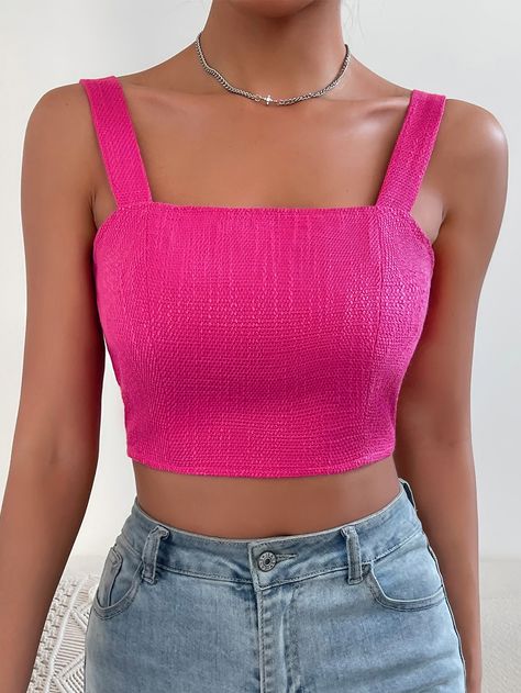 Rosa Fucsia Casual Collar  Tela tricotada Liso Tirantes Anchos Embellished No-Elástico  Tops & Blusas & Camisetas de Mujer Pink Cami Top, Hot Pink Shirt, Hot Pink Tops, Crop Cami Top, Women Tank Tops, Cropped Cami, Cami Crop Top, Hot Outfits, College Outfits