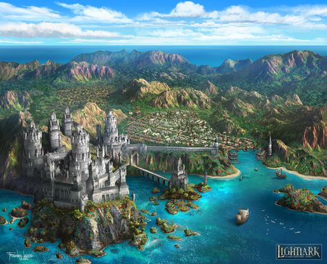 Castle Island, Sci Fi City, Magic Island, Fantasy Island, Castle Designs, Fantasy City, Fantasy Castle, D&d Dungeons And Dragons, Unique Architecture