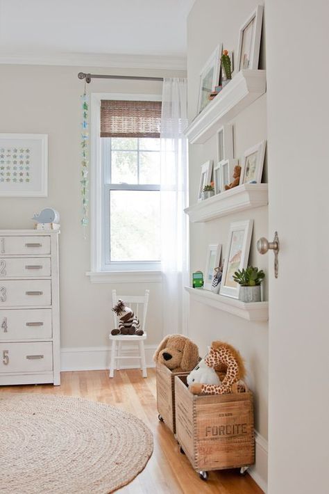 Love the shelves on the wall. Wall color Old Prairie by Benjamin Moore. Cozy.Cottage.Cute.: ♥️ House Tour Nursery Paint Colors, Gender Neutral Kids Room, Neutral Kids Room, Nursery Paintings, Room Shelves, Kids Room Wall, Big Girl Rooms, Baby's Room, Kids Room Design