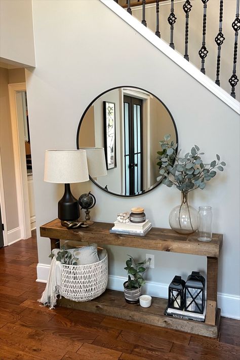 28" Round Decorative Wall Mirror - … curated on LTK House Entrance Ideas Entryway, Entrance Ideas Entryway, Front Entrance Decor, Farmhouse House Decor, Stairway Decorating, House Entry, Table With Mirror, Living Room Dining Room Combo, Entry Wall