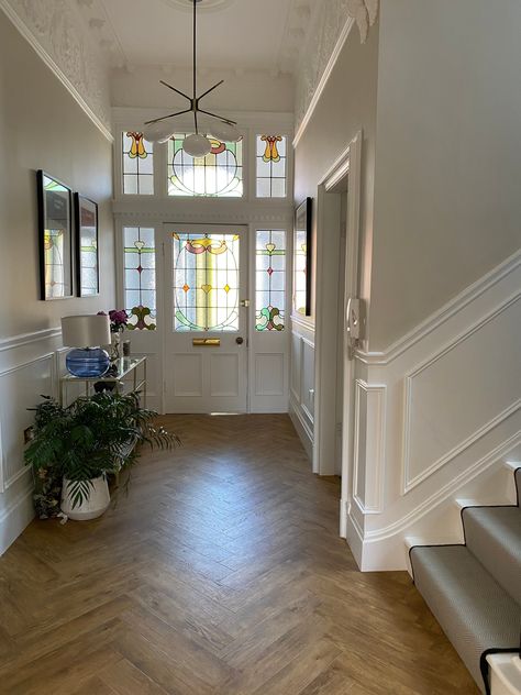 Hallway With High Ceiling, White Victorian Hallway, High Ceiling Hallway, 1930s Hallway Ideas Uk, Neutral Victorian Hallway, Vintage Hallway, Hallway 1930s Semi, Period Property Hallway, Victorian Entrance Hall