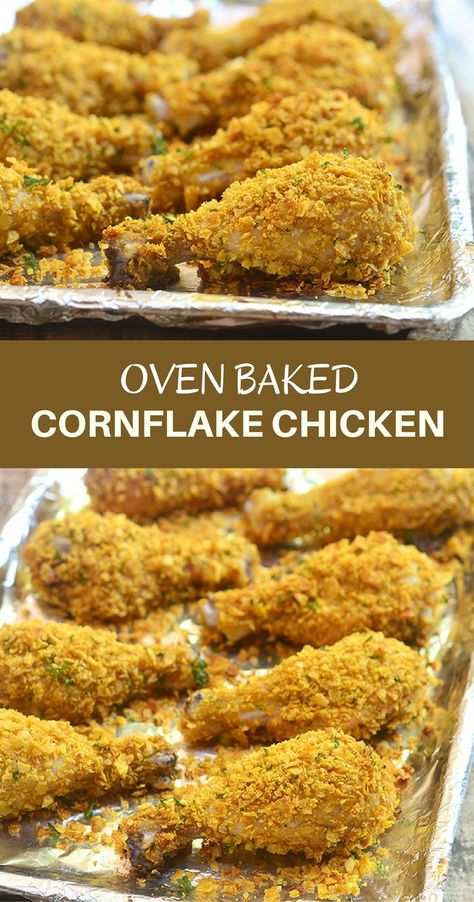 Cornflake chicken coated in cornflake crumbs for crunchy, juicy chicken perfection without deep-frying. Loads of flavor with less work and less fat! Cornflake Chicken, Chicken Tinga, Deep Frying, Best Chicken Recipes, Juicy Chicken, Poultry Recipes, Onion Rings, Yum Yum Chicken, Oven Baked