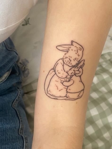 tattoo of peter rabbit Childrens Book Tattoo, Peter Rabbit Art, Beatrix Potter Tattoo, Hugging Tattoo, Peter Rabbit Tattoo, Hug Tattoo, Peter Rabbit Tattoos, Grandma Tattoos, Bunny Tattoos