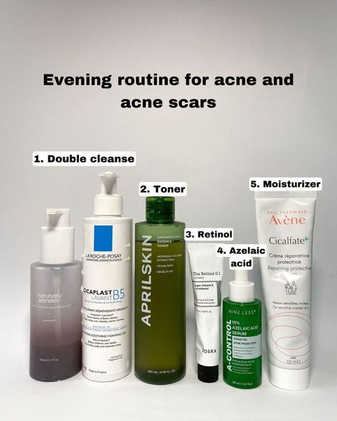 [Ad] Evening Routine For Acne And Acne Scars  @Haruharuwonder_Official Black Rice Cleansing Oil @Larocheposay Cicaplast Cleanser @Aprilskin_Global Artemisia Toner @Cosrx 0.1 Retinol @Nineless_Official Azelaic Acid Serum @Avene Cicalfate Moisturizer #koreanskincareroutineforblackskin Azelaic Acid Routine, Avene Cicalfate, Korean Skin Care Routine, Skincare Ideas, Natural Nails Manicure, Korean Skin Care Secrets, Body Essentials, Clear Healthy Skin, Black Skin Care