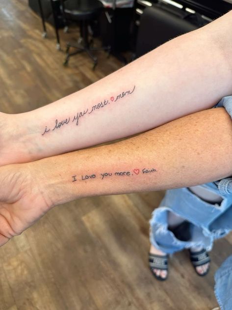 Tattoos For Mom And Daughter Matching, Cute Matching Tattoos For Daughter And Dad, Mom And Daughter Tattoos Quotes, You Gave Me Life Tattoo, Parents Matching Tattoos, Matching Wrist Tattoos Mother Daughters, Tattoos Matching Mother Daughter, Tattoo Ideas Female Mother Daughter, I Love You More I Love You Most Tattoo