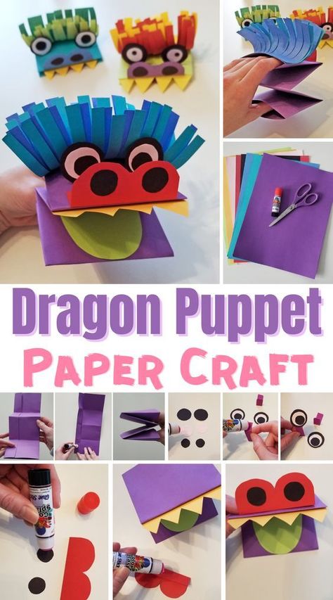 Make DIY Dragon puppets using construction paper! All you need are scissors and a glue stick to create this fun paper carft. Then kids can use the puppets for imaginative play! Dragon Construction Paper, Construction Paper Dragon, Easy Diy Construction Paper Crafts, Construction Paper And Glue Crafts, Construction Paper Puppets, Marionette Diy For Kids, Preschool Puppets Crafts, Construction Paper Preschool Crafts, Puppet Activities For Kids