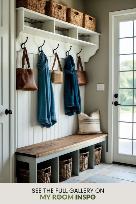 A collection of 32 stylish farmhouse mudroom ideas featuring practical design solutions, chic decorations, and earthy aesthetics to enhance your entryway. Shiplap Mudroom Wall With Hooks, Entry Way Drop Zone Small Spaces, Entryway Mudroom Ideas Entrance, Entryway Bench With Hooks, Entryway Coat Rack And Bench, Mudroom Pantry Combo, Small Mudroom Entryway, Hallway Bench With Storage, Narrow Mudroom Ideas Entryway