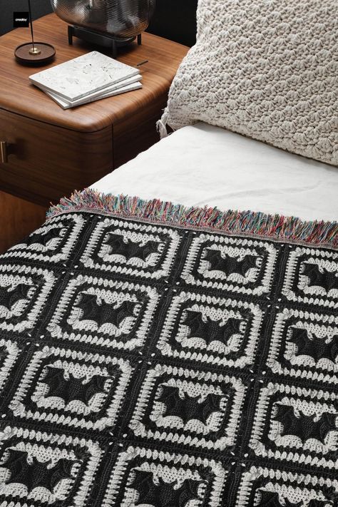 Halloween Blanket Goth Black White Woven Throw Blanket, Cozy Granny Square Gift Fall Autumn Halloween Decor Bedspread Wife Husband Gift Bat - Etsy Goth Crochet Blanket, Crochet Halloween Blanket, Halloween Crochet Blanket, Goth Bedding, Crochet Blanket Designs, Blanket Cozy, Halloween Blanket, Fall Craft, Crochet Inspo