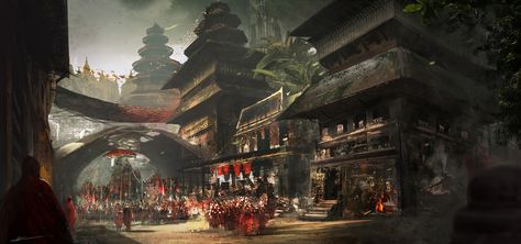 Fantasy Environment, Fantasy City Map, Ancient Chinese Architecture, Fiction Idea, Location Inspiration, Town Street, Fantasy City, Fantasy Places, Chinese Architecture