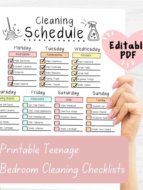 Cleaning Schedule For Teens, Bedroom List, Back To School For Teens, Bedroom Cleaning Checklist, Bedroom Cleaning, Room Cleaning Tips, Cleaning Checklists, Chore Cards, Teens Bedroom