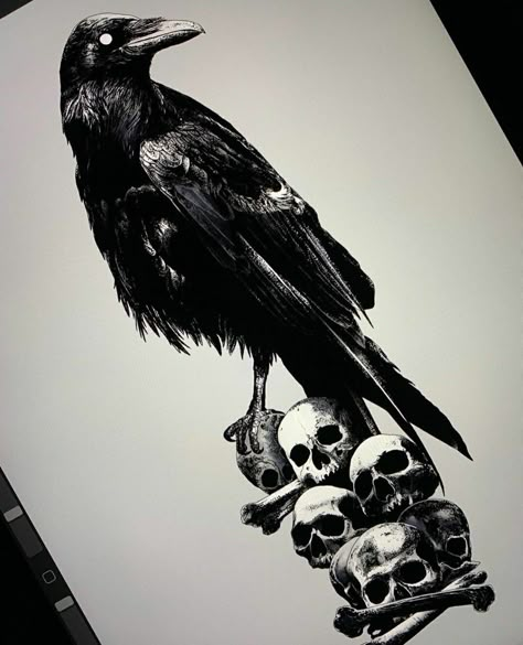 Raven And Skull Tattoo, Tattoo Japonais, Rabe Tattoo, Crow Tattoo Design, Rune Tattoo, Crow Tattoo, Raven Tattoo, Gothic Tattoo, Dark Art Tattoo