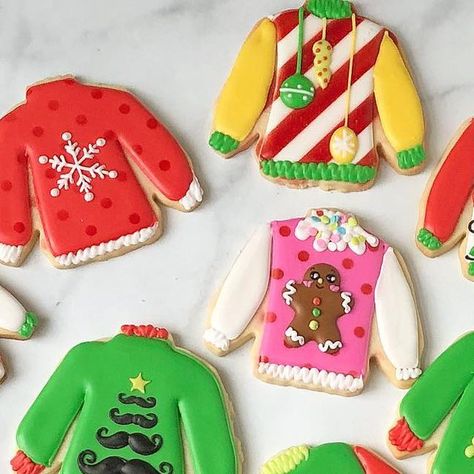 THE COOKIE KITCHEN on Instagram: "No so ugly Christmas sweaters! . . . . . #cookies #decoratedcookies #sugarcookies #uglysweatercookies #christmascookies" Ugly Sweater Christmas Cookies, Ugly Sweater Cookies Ideas, Ugly Sweater Sugar Cookies, Sweater Cookies Decorated, Decorated Christmas Cookies Royal Icing, Ugly Sweater Cookies, Christmas Sweater Cookies, Ugly Christmas Sweater Cookies, Sweater Cookies