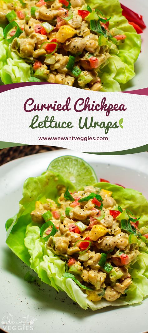 Curried chickpea salad lettuce wraps are PERFECT for a quick lunch or weeknight meal! Curried Chickpea Salad, Chickpea Lettuce Wraps, Lettuce Boats, Vegetarian Wraps, Lettuce Wraps Healthy, Salad Lettuce, Lettuce Wrap, Vegan Lunches, Paleo Lunch