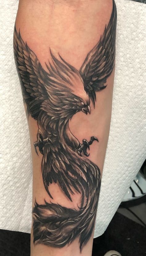 Phoenix Tattoo Black And Grey, Phoenix On Fire Tattoo, Phoenix Tattoo Men Arm, Forearm Phoenix Tattoo For Men, Phoenix Forearm Tattoo, Phoenix Tattoo Arm, Phoenix Tattoo Men, Phoenix Tattoo Sleeve, Tato Phoenix