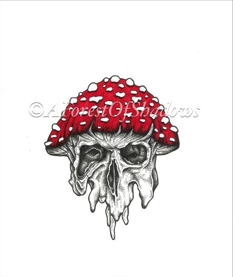 Mushroom Tattoos Trippy, Mushroom Skull Drawing, Skull And Mushrooms Tattoo, Creepy Mushroom Drawing, Mushroom Skull Tattoo, Skull Mushroom Tattoo, Melting Mushroom, Skull And Mushrooms, Skull With Mushrooms