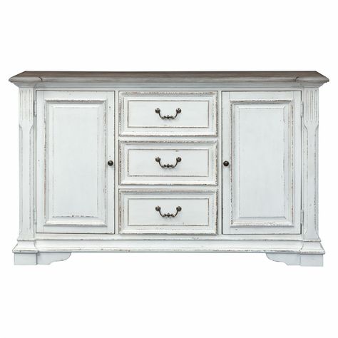 Liberty Furniture Industries Abbey Park Buffet | Hayneedle Shabby Chic Sideboard, Antique White Paints, White Buffet, Dining Buffet, Wood Buffet, White Dining Room, Liberty Furniture, Raised Panel, Door Storage