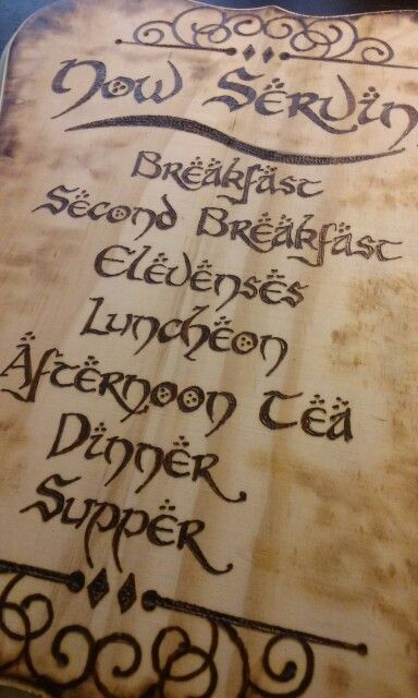 Hobbit menu board. Perfect for your hobbit kitchen! On sale in my Etsy shop later this summer, 2016. Hand burned by myself. Kael from Gaelhunter Hatchery. Hobbit Kitchen, Elvish Wedding, Hobbit Party, Fairytale Cottage, Menu Board, Hobbit House, Fairy Door, Lord Of The Rings, The Hobbit