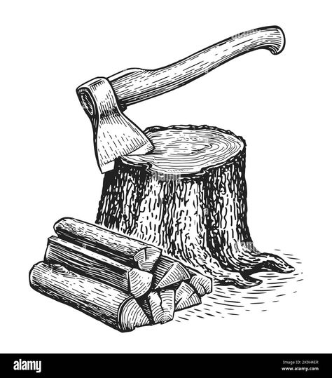 Download this stock vector: Ax sticks out in tree stump and firewoods. Wooden logs and timber. Natural lumber, carpentry materials set. Woodworking - 2K0H4ER from Alamy's library of millions of high resolution stock photos, illustrations and vectors. Log Drawing, Wood Tattoo, Wood Stumps, Water Tattoo, Wood Trunk, Wooden Log, Fairytale Illustration, Download Image, Timber Wood