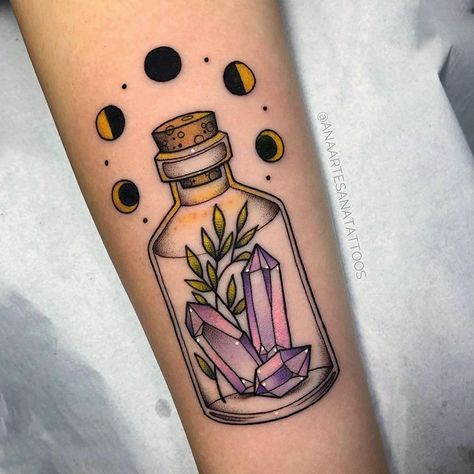 Spell Jar Tattoo, Crystal Tattoo Ideas, Jar Tattoo, Small Matching Tattoos, Gem Tattoo, Crystal Tattoo, Spell Jar, Sun Tattoos, Unique Tattoo Designs