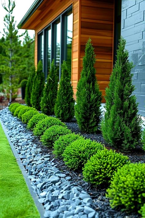 Landscape Blocks Ideas Front Yards, Minimal Maintenance Landscaping, Trees Front Yard, Shrubs In Front Of House, Yard Entrance, Side Yard Landscaping, Front Garden Landscape, Modern Backyard Landscaping, Front Yard Garden Design