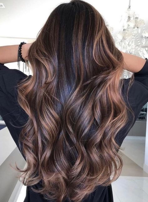 Hair Color Idea for Women with Dark Hair Paul Mitchell Hair Color Ideas, 2023 Fall Brunette Hair, Dark Chocolate Brown Hair Mocha Caramel Highlights Low Lights, Long Fall Hair Color, Deep Brown Hair With Highlights, Beige Hair, Icy Blonde Hair, Long Brunette Hair, Hair Color Caramel