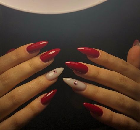 Evil Eye Red Nails, Sparkly Red Nail Designs, Red Nails With Evil Eye, Evil Eye Nails Red, Devils Eye Nails, Red Evil Eye Nails, Nails For Red Dress Ideas, Devil Nails Designs, Evil Eye Nails Design