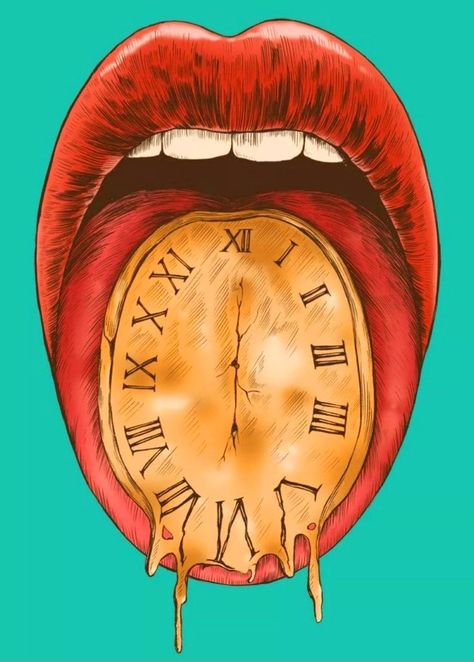 Norman Duenas, Watch Your Mouth, Melting Clock, Mouth Drawing, Cover Art Design, Clock Art, Time Art, Inspirational Posters, Melt In Your Mouth