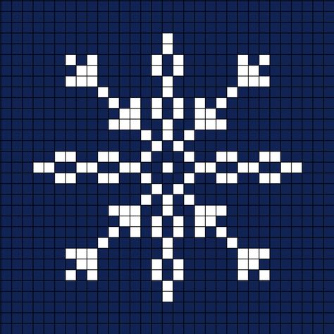 A pixel art template of a snowflake shaped like an ex and plus on top of one another, though the plus has ends shaped like a chain. Pixel Art Snowflake, Snowflake Pixel Art, Pixel Art Pattern Christmas, Christmas Pixel Grid, Pixel Snowflake, Winter Pixel Art, Mini Snowflakes, Snowflake Cross Stitch, Bead Templates