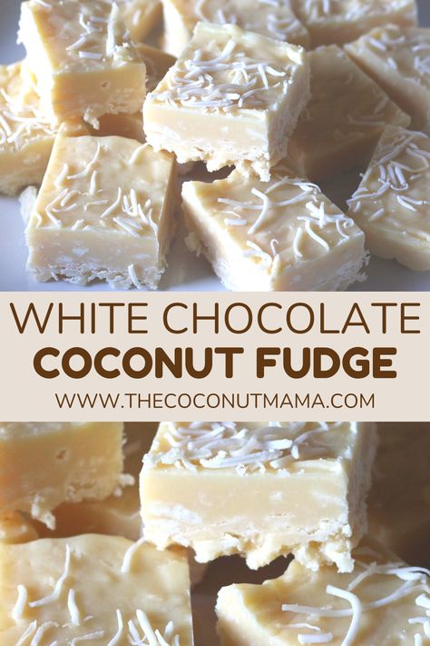 This decadent white chocolate coconut fudge is easy to make and only requires three ingredients. This is a quick dessert for any occasion. White Chocolate Fudge Easy, White Fudge Recipe Easy, Coconut Fudge Recipe, Coconut Oil Fudge, Gluten Free Dairy Free Recipes Dinner, White Chocolate Fudge Recipes, Coconut Fudge, Clean Eating Sweets, White Chocolate Coconut