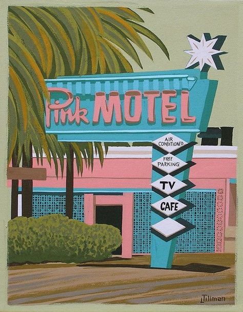 Pink Motel, Motel Sign, Retro Kunst, Posca Art, Retro Sign, Retro Wallpaper, Norman Rockwell, Mid Century Modern Art, Mid Century Art