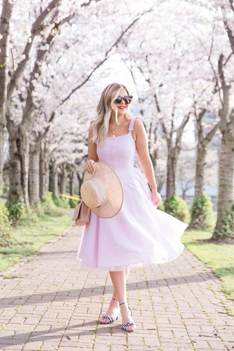 Under the Cherry Blossoms Gingham Shoes, Vintage Robes, Krystin Lee, Pink Gingham Dress, Cherry Blossom Trees, Modesty Fashion, Bloomingdales Fashion, Blossom Trees, Pink Gingham