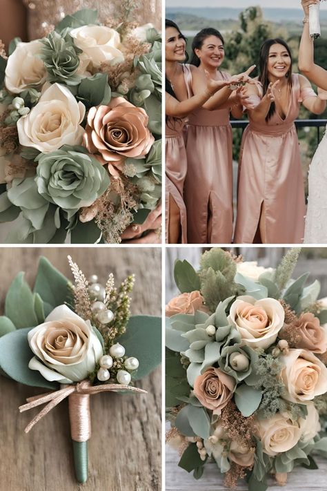 Rose Gold and Sage Green Wedding Color Ideas: Beautiful Rose Gold, Sage, and Beige Ideas - Francisca's Bridal Rose Gold Sage Wedding, Kelly Green Wedding Theme, Sage And Rose Gold Wedding, Gold And Sage Green Wedding, Sage And Blush Wedding, Gold Wedding Color Palette, Sage Green Wedding Theme, Sage Wedding Colors, Wedding Color Palette Ideas